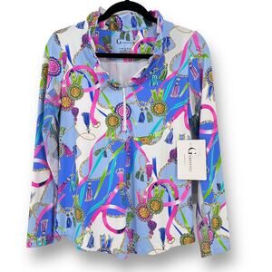 G Lifestyle Belmont Peri Ribbon Print Golf Shirt Sz Small Portrait Ruffle Collar